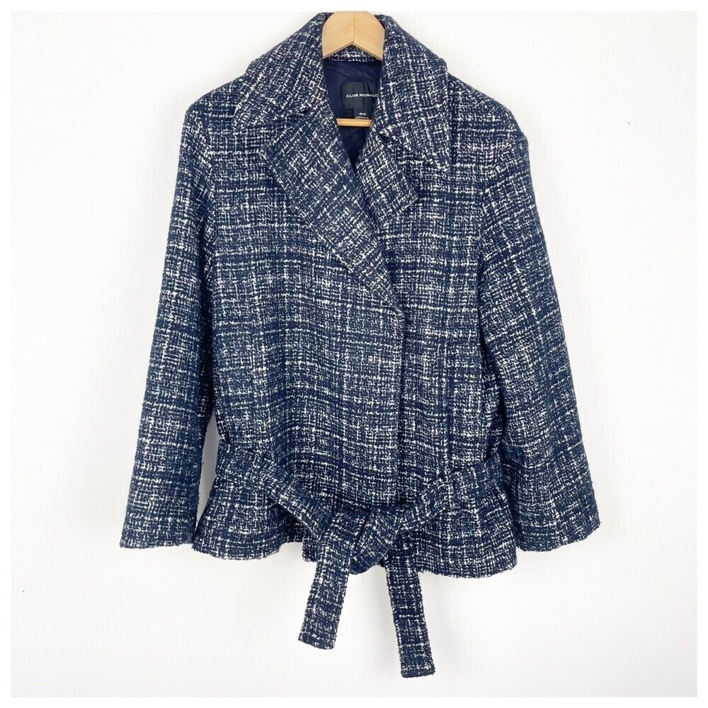 Club Monaco Women‎ Textured Wrap Coat Navy Mix  wool blend belted​​​​​​